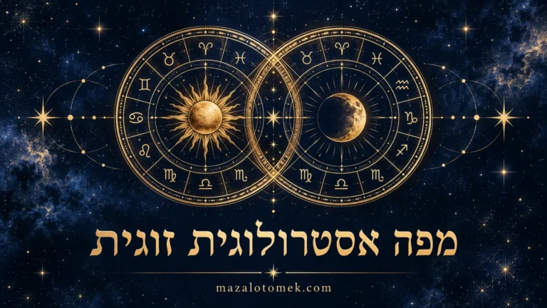איור סמלי של שני גלגלים אסטרולוגיים זהובים חופפים, שמש וירח על רקע כחול כהה