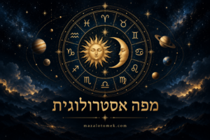 איור סמלי של גלגל מזלות מוזהב עם שמש, ירח וכוכבי לכת על רקע כחול כהה